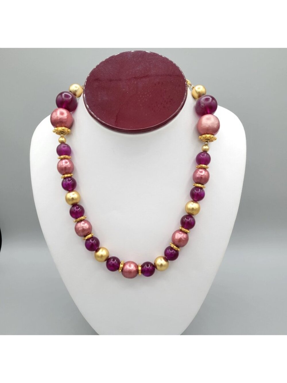 Georgiou Chunky Necklace Gold Pink Purple Resin Beads 17 Inches Vintage 1990s